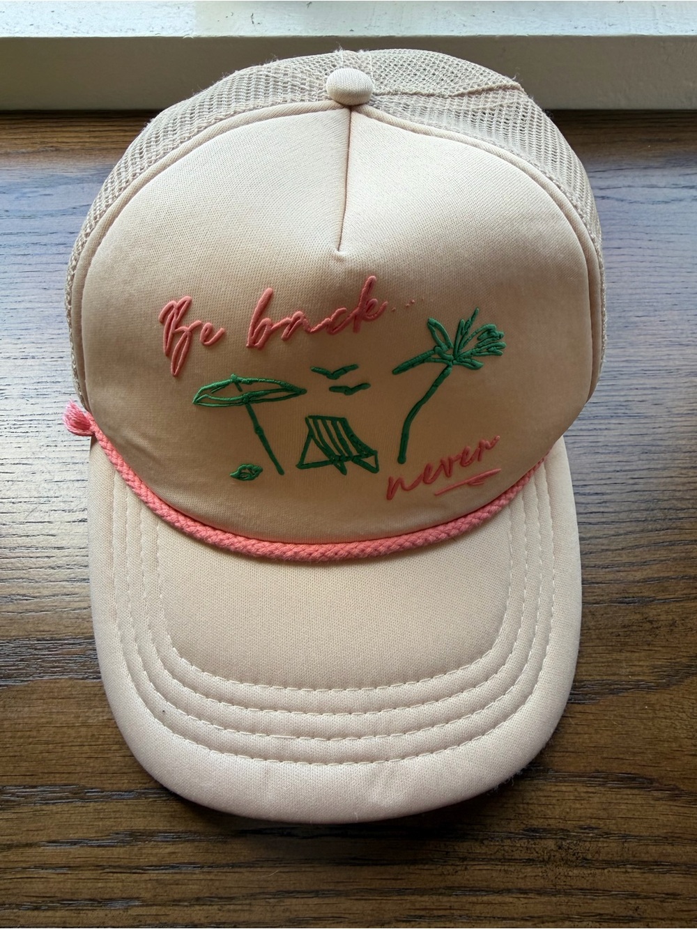 Anthropologie Peach Trucker Hat with Coral Rope